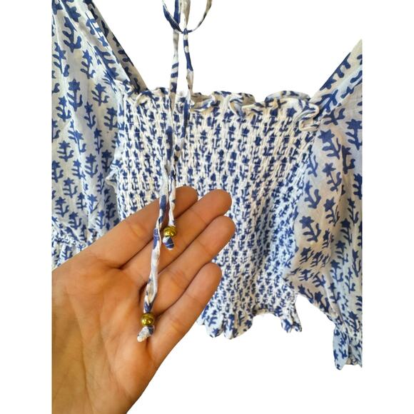 OLIPHANT Smocked Blouse Flora Blue Sz Small Square Neck Coastal Preppy $116 MSRP - Picture 6 of 8